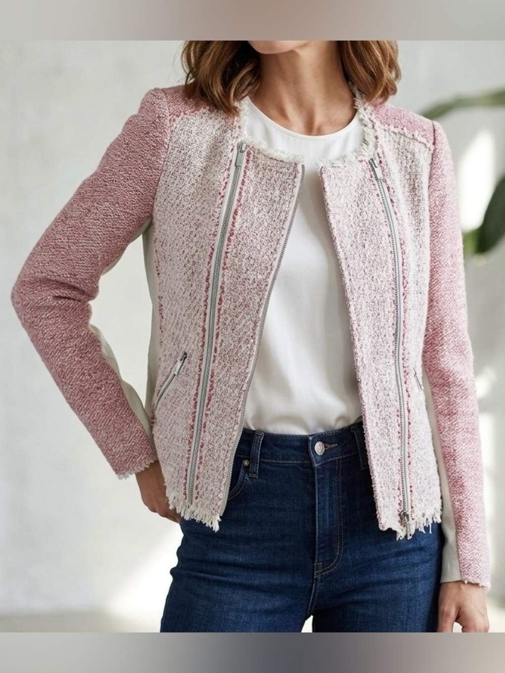 REBECCA TAYLOR Cotton Fringe Tweed Open Jacket /Leather Trim Size 2 Small $495